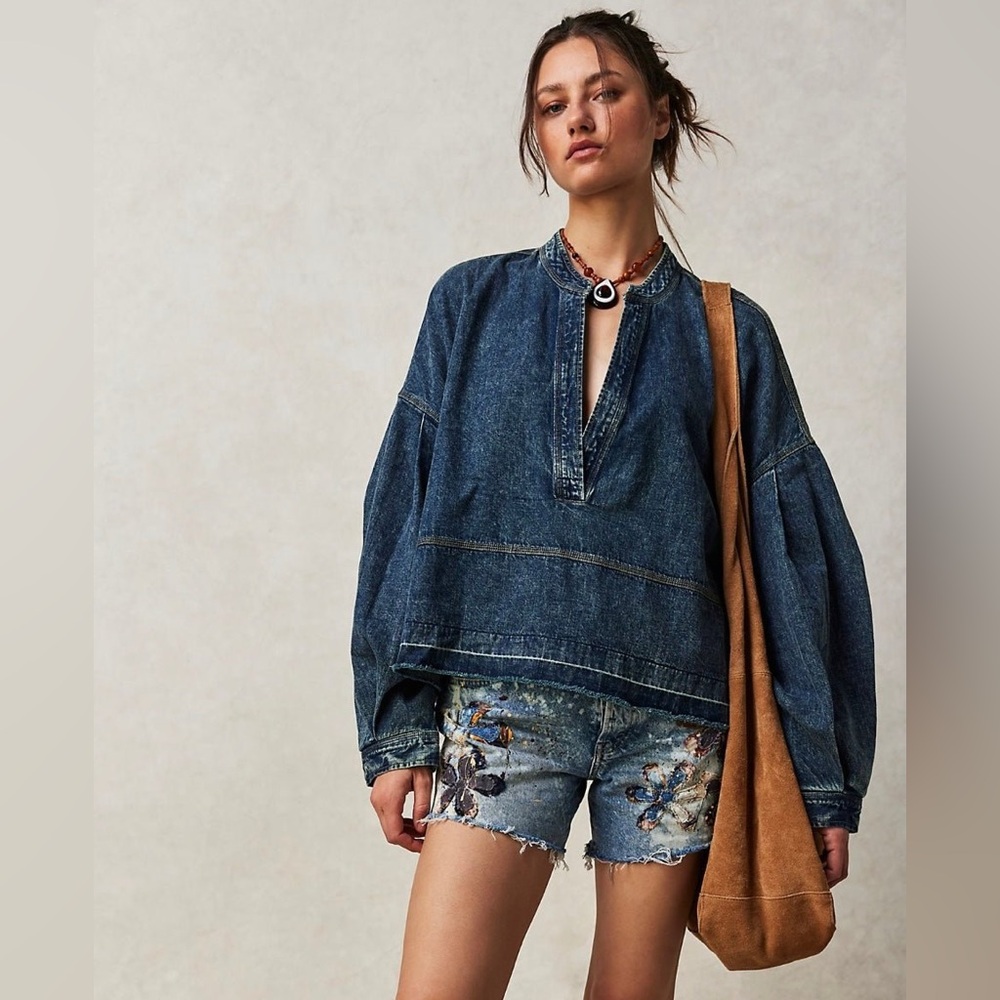 FREE PEOPLE Oversized Jade Blue Denim Top | Stylish Layering | Elevated Casual - Picture 4 of 16